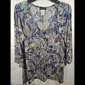 Brittany Black Womens Paisley Sequin Blouse Top Large Blues Brown 3/4 Sleeve